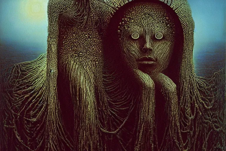 Prompt: The queen of the sun by Zdzislaw Beksinski, Jeffrey Smith and H.R. Giger, oil on canvas