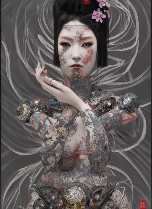 Image similar to portrait of a seductive cyberpunk geisha yakuza, imari, modern fine art, fractal, in the style of ex - machina, intricate ornaments, elegant, highly detailed, digital photography, subsurface scattering, by mc escher and greg rutkowski,