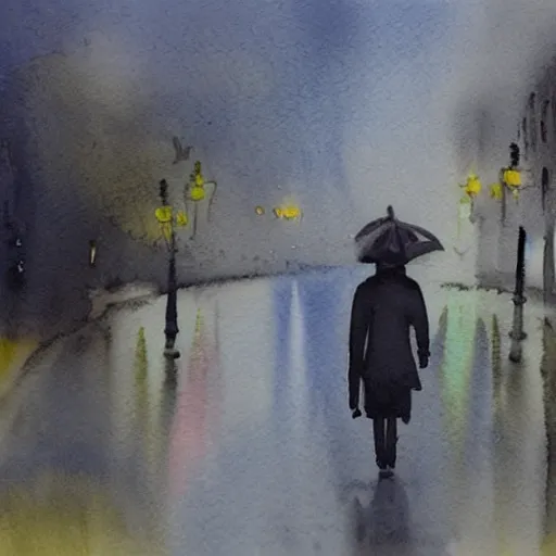 Prompt: a watercolor painting night watchman walking on a rainy night