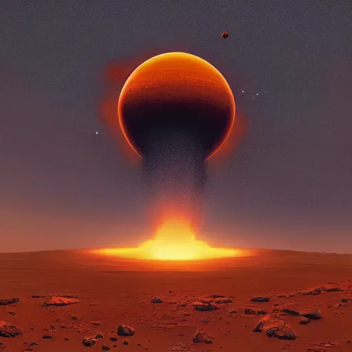 Prompt: A hyper-realistic low angle wide shot matte painting of an nuclear explosion on mars by thomas kinkade and georgio de chirico. Subject in view, symmetrical composition, f11, octane render, cgsociety