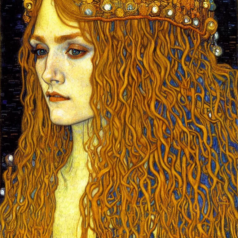 Image similar to detailed realistic beautiful young medieval queen face portrait by jean delville, gustav klimt and vincent van gogh, art nouveau, symbolist, visionary, gothic, pre - raphaelite, muted earthy colors, desaturated