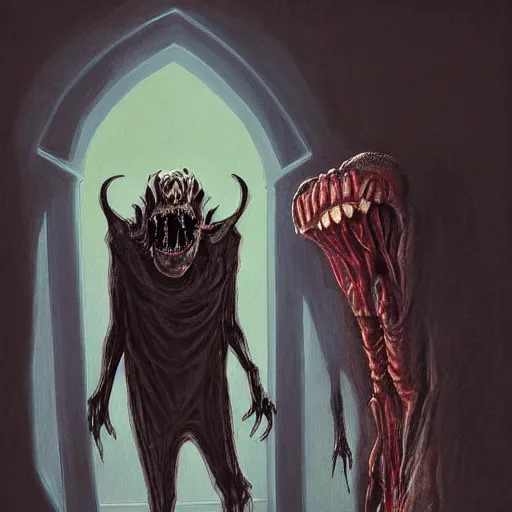 Image similar to scary painting of the horrific tall man with a big mouth full of teeth, exiting from a wardrobe, lightning from a window at the moonlight, bedroom, horror, spooky, paranormal monster, photorealism, dramatic lighting, by wayne barlowe, children's book, illustration, trending on artstation