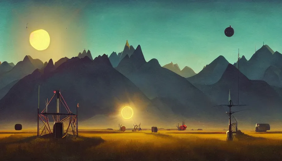 Image similar to space antennas, sun in the sky, early morning, open field, mountains in the background, hexagon blocking the sun, simon stalenhag, art deco painting