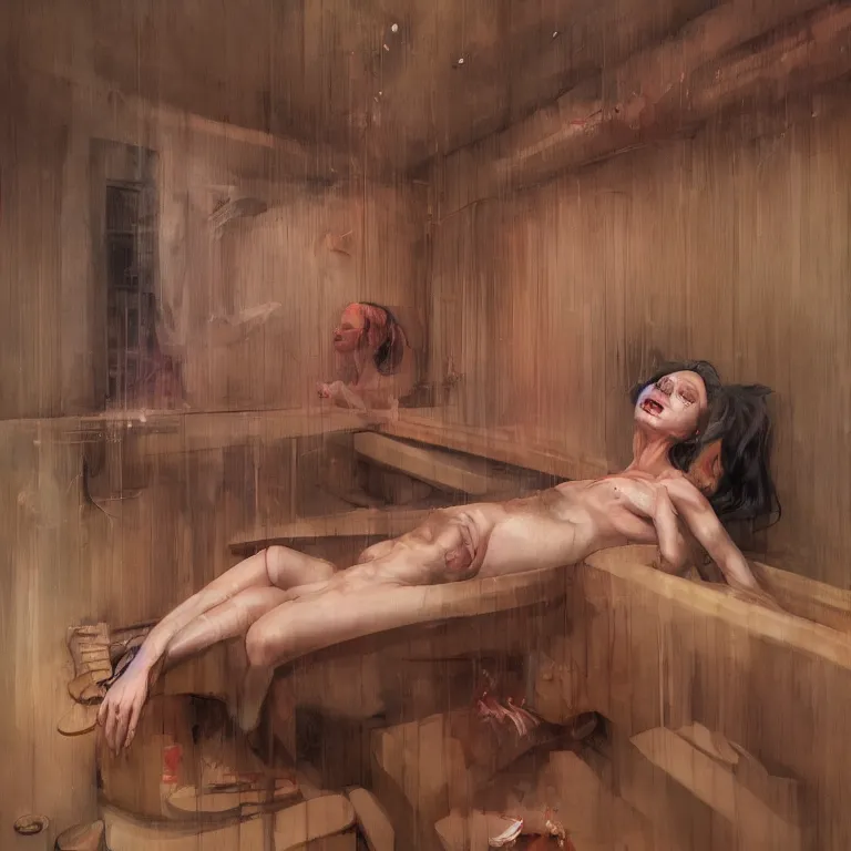 Prompt: woman in sauna in the style of adrian ghenie, 3 d render, esao andrews, jenny saville, surrealism, dark art by james jean, ross tran