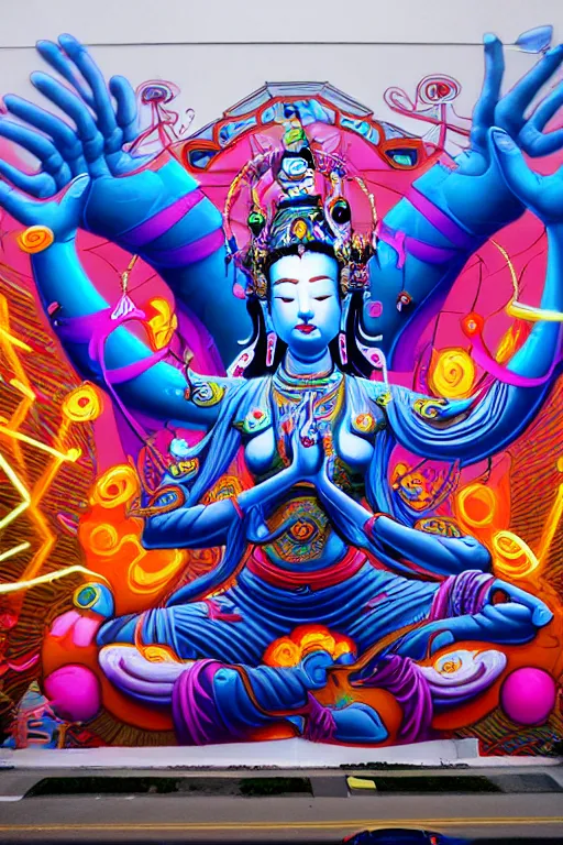 Image similar to epic graffiti mural of a 1000 arm Quan Yin , colorful and dynamic in the style of Hownosm and James Jean, ultimate collab, epic, unreal engine 5, coming to life popping out of the wall 3d,