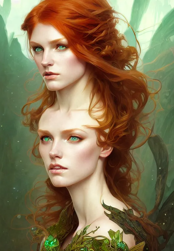 Image similar to portrait of fairy woman, d & d, green eyes, ginger hair, face, fantasy, intricate, elegant, highly detailed, digital painting, artstation, concept art, smooth, sharp focus, illustration, art by artgerm and greg rutkowski and alphonse mucha