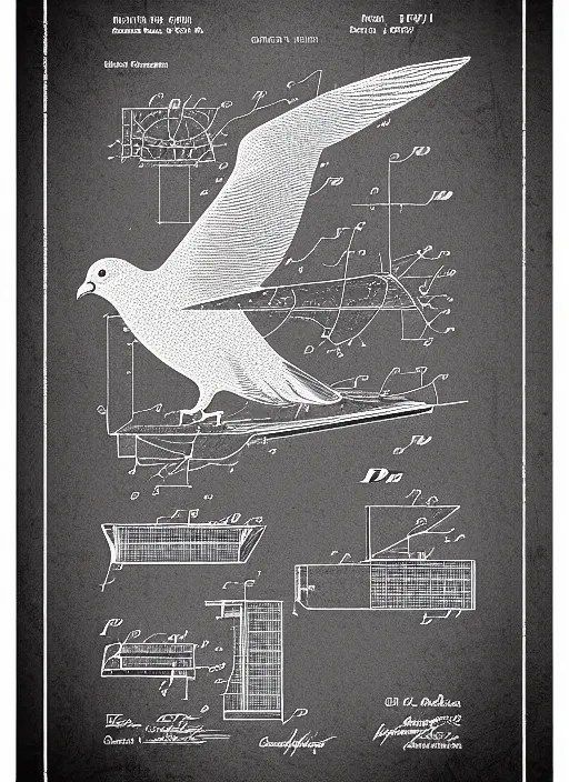 Image similar to a graphic design poster of the isometric detailed blueprint of the pigeon in space, patent illustration, no text 1 9 9 0, poster design, japan graphic comics manga art illustration, silkscreen risograph, greyscale monochrome