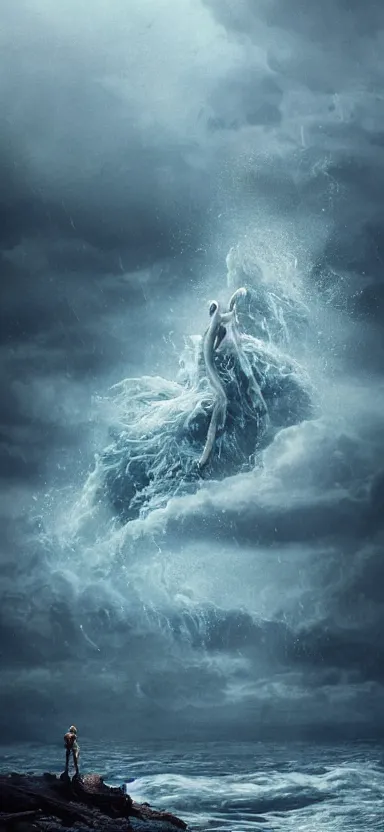 Image similar to giant creepy monster made of water, made of liquid, rising up from ocean, water armor, high detail, high contrast, close up portrait, studio lighting, stormy seas, beautiful, bokeh, snowy, storm clouds, god rays, d & d, fantasy, elegant, aquamarine color palette, concept art, roger deakins and greg rutkowski and alphonse mucha