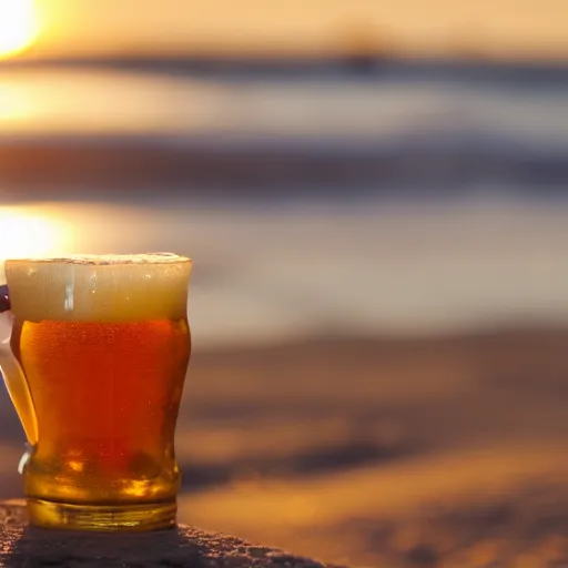 Image similar to a happy crab holding a beer in a beach, golden hour, bokeh, 4k