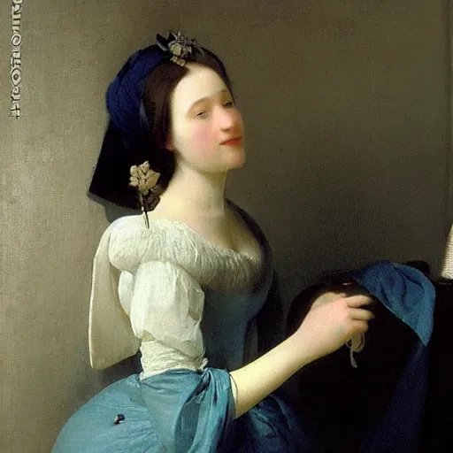 Image similar to a young woman’s face, her hair is white, she wears a long flowing blue satin veil, by ivan aivazovsky and pieter claesz and willen claesz heda and gerard ter borch and aelbert cuyp and paul delaroche and august malmstrom and alma tadema and carl gustav carus, fine detail, hyperrealistic, rendered in octane