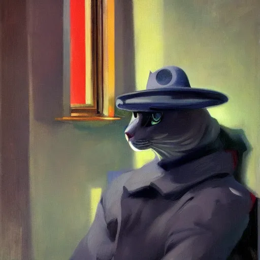 Image similar to a futuristic robotic cat wearing a hat, a highly detailed edward hopper painting, by adrian ghenie and gerhard richter. art by sorolla. masterpiece, flat surreal design with deep colours. 8 k. artstation