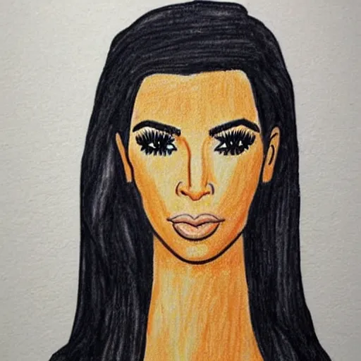 Prompt: Kim Kardashian, poorly drawn and colored in wax crayon by a five-year old