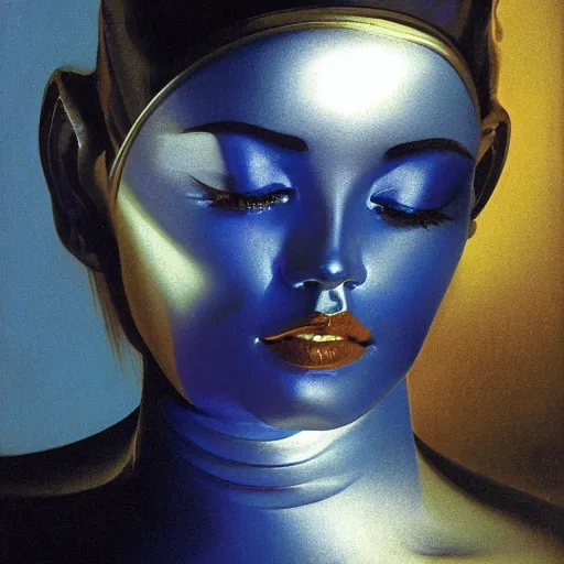 Image similar to a chrome woman's face in flowing sheets of cobalt blue gold chrome silver satin, by moebius syd mead roger dean donato giancola michael whelan yoshitaka amano ivan aivazovsky jan de heem pieter claesz paul delaroche alma tadema aelbert cuyp willem claesz isaac levitan, hyperrealistic volumetric light render