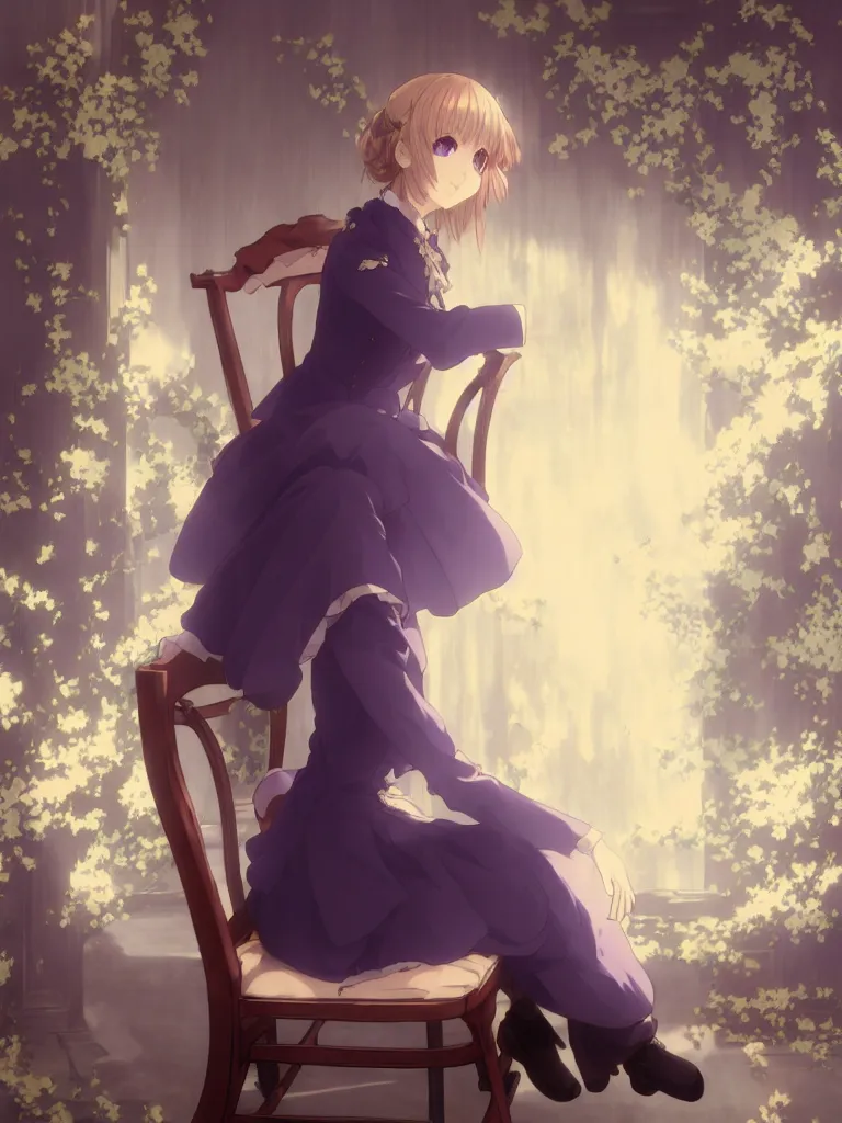 Image similar to a character portrait of violet evergarden, sitting down on a chair in a victorian home background, style of kyoto animations, trending on pixiv, anime, high detail, character accurate