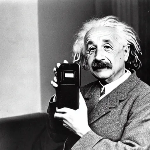 Image similar to a professional picture of albert einstein holding a phone