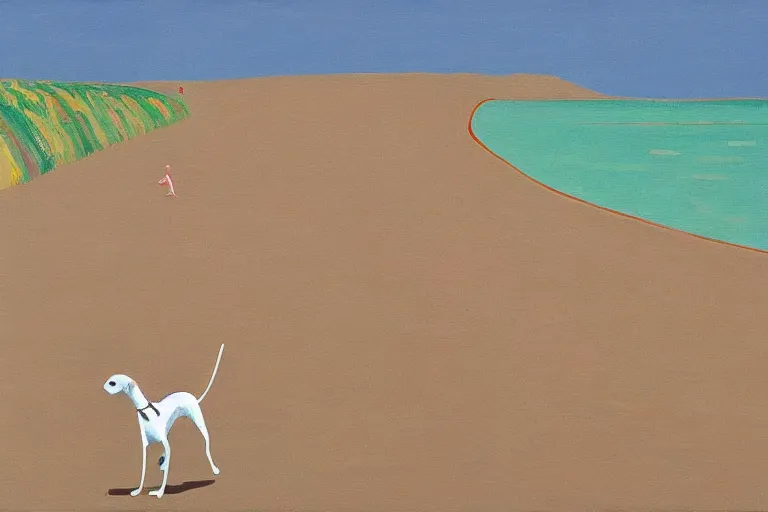 Prompt: whippet running at beach, painting by david hockney, highly detailed