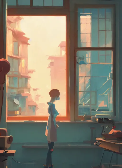 Image similar to seen through a window, woodworker shop, detailed, cory loftis, james gilleard, atey ghailan, makoto shinkai, goro fujita, studio ghibli, rim light, exquisite lighting, clear focus, very coherent, plain background, soft painting