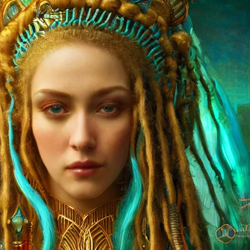 Image similar to octane render, artstation, 8 k, intricate detail, hyper detail, portrait by gaston bussiere, greg rutkowski, sandro botticelli, tan lady of elche egyptian sumerian techno mystic goddess princess intergalactica inanna with aqua neon rapunzel dreadlocks,