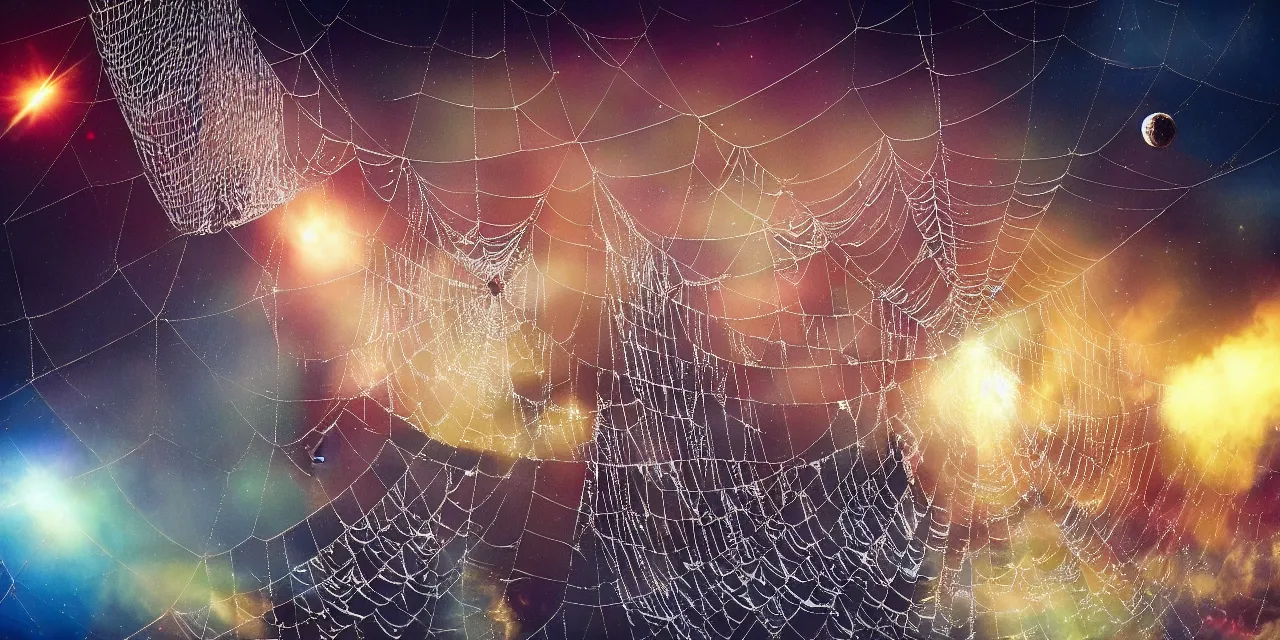 Prompt: a spider weaving a net between asteroids in outer space, a pirate ship is trapped in the web, cinematic, colorful