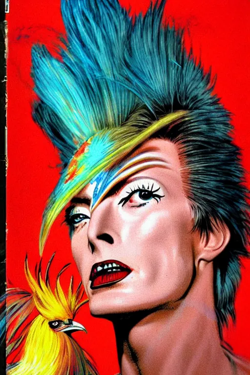 Image similar to scifi portrait of a rooster as David Bowie. McGinnis, pulp comic style, circa 1958, photorealism