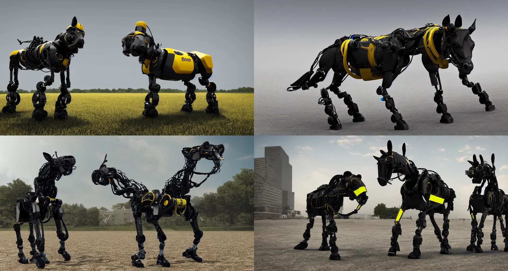 Prompt: boston dynamics horse robot, black with yellow accents, photorealistic, 8 k, octane render