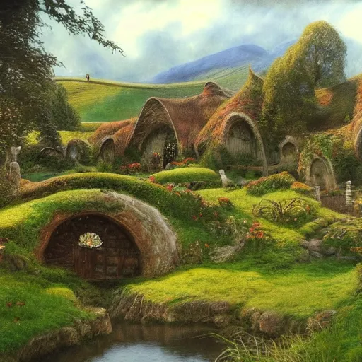 Image similar to beautiful serene hobbiton, by alan lee, lord of the rings, smooth, detailed terrain, oil painting, matte painting, concept art, trending on artstation