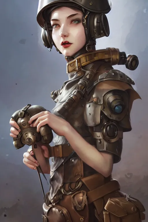 Image similar to dieselpunk soldier girl, helmet, shoulders, chest, portrait, armored, highly detailed, sharp focus, art, illustrations by wlop and ayanamikodon and irakli nadar and loish and rossdraws