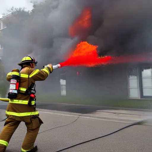 Prompt: Firefighters shooting firehose shaped flamethrower on to a building