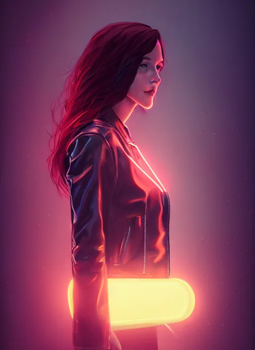 Prompt: pretty young woman with shoulder length shiny shimmering dark red hair and wearing a stuffed leather jacket with the glow of neon lights illuminating her, path traced, highly detailed, high quality, digital painting, by cd projekt red, cyberpunk, leesha hannigan, makoto shinkai