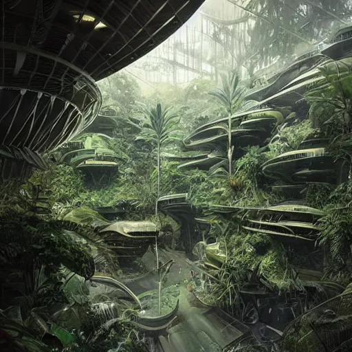 Prompt: epic, ultra detailed, hyper - real alien jungle by greg rutkowski inside a giant research facility by zaha hadid