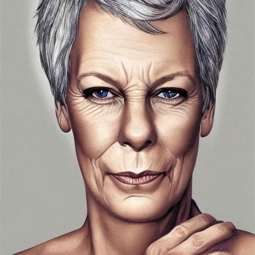 Image similar to jamie lee curtis, tired, intelligent, powerful, white hair, loving eyes, fully clothed wise, beautiful, by stanley artgerm, soft lighting, trending on artstation, flat colour, geometric curves on iceland mountains