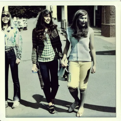 Prompt: Polaroid photograph of stylish college students, taken in 1972