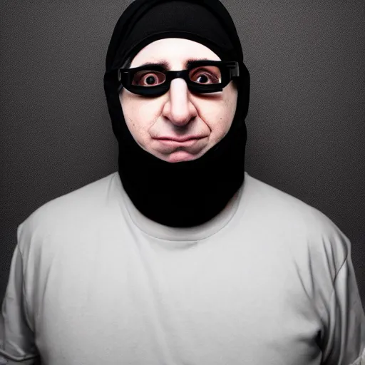 Image similar to kevin mitnick dressed as a robber, modelsociety, radiant skin, huge anime eyes, rtx on, perfect face, directed gaze, intricate, sony a 7 r iv, symmetric balance, polarizing filter, photolab, lightroom, 4 k, dolby vision, photography award