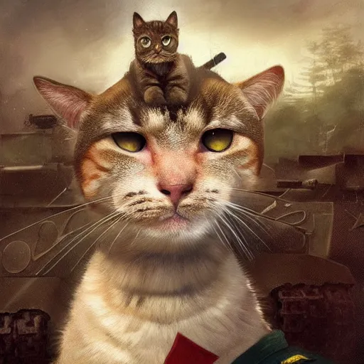 Image similar to Portrait face fuzzy ears furry ripped physique kitty cat general camouflaged as a kitty cat man wearing a military officer uniform standing atop a panzer tank charlie bowater elina brotherus greg rutkowski Dan Witz norman rockwell victo ngai