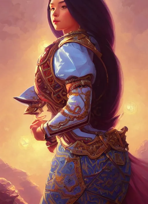 Image similar to portrait of russian mexican asian girl jodhpurs hyperborea lemuria, deep focus, d & d, fantasy, intricate, elegant, highly detailed, digital painting, artstation, concept art, matte, sharp focus, illustration, hearthstone, art by rhads by artgerm and greg rutkowski and alphonse mucha