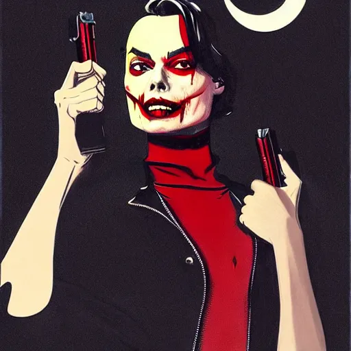 Prompt: Rafael Albuquerque art, Norman Rockwell, pretty Margot Robbie vampire, sharp teeth, evil smile, symmetrical face symmetrical eyes, leather jacket, jeans, holding HK pistol in hand, hands with five fingers, realistic hands