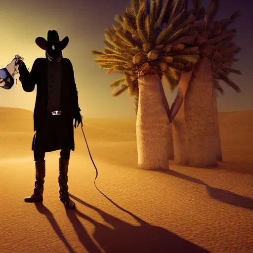 Image similar to a plague doctor cowboy standing near a western town in the desert, dynamic lights, ray tracing, photorealistic art, hyper realism, cinematic concept art