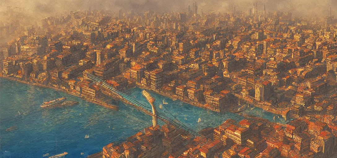 Image similar to istanbul!!, distopian, smog, blue ( ( light ) ), very detailed picture, by marc simonetti