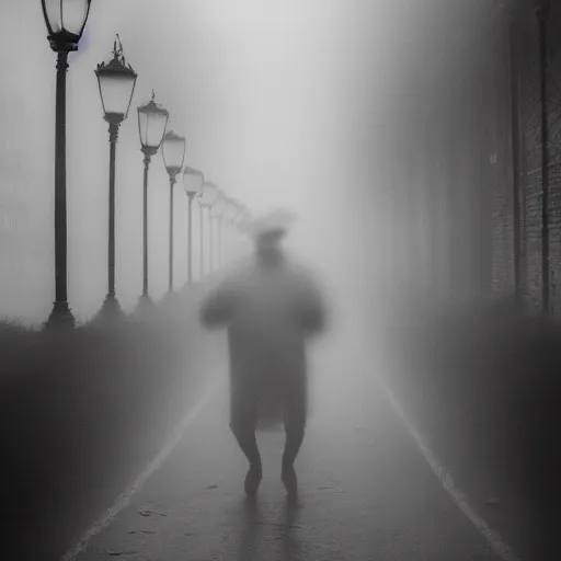 Prompt: a group of clowns walking down a long dark foggy alley lit by street lamps. they are carrying pitchforks. fog, tall decrepit buildings. black and white photography