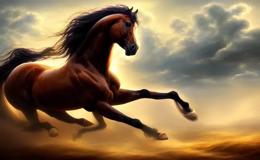 Prompt: a masterpiece oil painting of a proud horse galloping. wide angle, fantasy art, heroic lighting, very very very beautiful raytraced rendering, fog, finger of god, amazing wallpaper