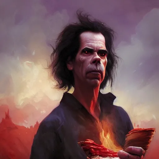 Image similar to a portrait of nick cave baking pizza, eerie colors, dramatic light, gorgeous view, depth, high detail, digital art, painted by greg rutkowski and seb mckinnon, trending on artstation