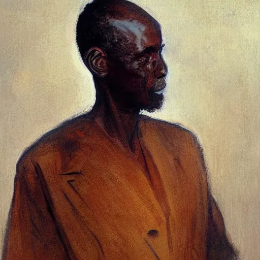 Image similar to a painting of a well fed, thinker, thoughtful, focused, visionary, calm, jovial, loving, daddy/fatherly, generous, clean shaven, elegant elder and his on from Kenya by Henry Ossawa Tanner . dramatic angle, ethereal lights, details, smooth, sharp focus, illustration, realistic, cinematic, artstation, award winning, rgb , unreal engine, octane render, cinematic light, macro, depth of field, blur, red light and clouds from the back, highly detailed epic cinematic concept art CG render made in Maya, Blender and Photoshop, octane render, excellent composition, dynamic dramatic cinematic lighting, aesthetic, very inspirational, arthouse.