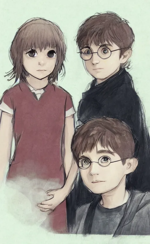 Image similar to a concept art of Hermiona’s and Harry Potter’s son looking at camera