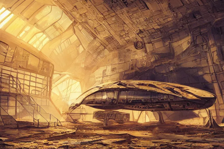 Image similar to a damaged broken space ship with nasa designs in the interior of an old abandoned sci - fi hangar an old oak tree grows inside the courtyard golden rays of sunlight enter through the window gold neon lights digital art trending artstation