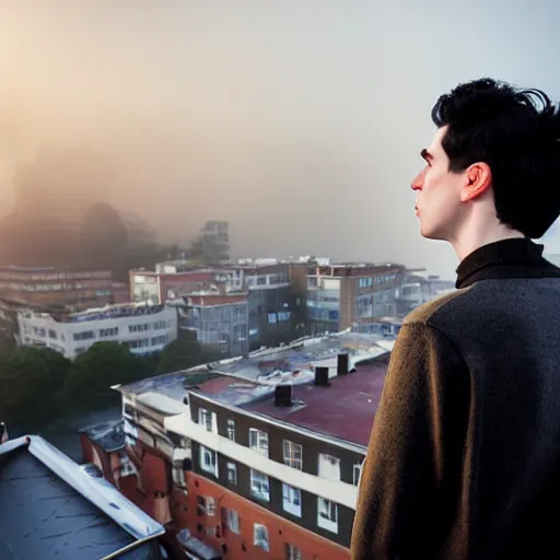 Image similar to un ultra high definition studio quality photograph portrait of a pale young man with black hair standing on the rooftop of an apartment building wearing all eclectic clothes. wide angle. morning. clear. fog. three point light. extremely detailed. golden hour, golden ratio, ray tracing, volumetric light, shallow depth of field.