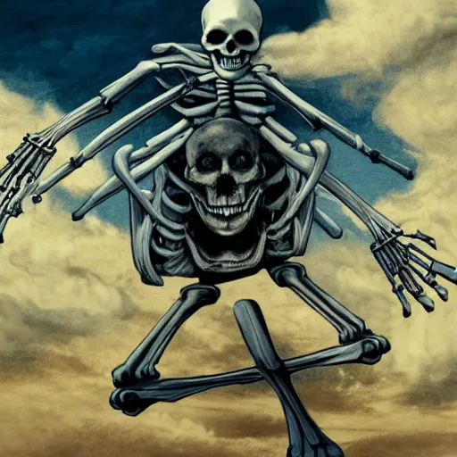 Image similar to a detailed portrait of a skeleton riding a nuke, blue eyes, art illustration, incredibly highly detailed and realistic, 8 k, sharp focus