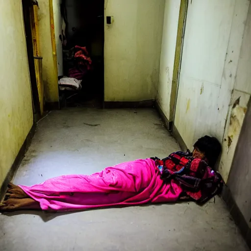 Prompt: On the first night, I found a Burmese migrant worker with torn clothes sleeping on a makeshift bed in the corridor of the ward.movie scene,, spot light.