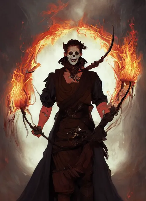 Image similar to character concept portrait of an attractive young focused Spanish wizard with pale red skin and a parital skull mask enchanting a flaming seduction spell, a floating burning spell book in the center, intricate, elegant, digital painting, concept art, smooth, sharp focus, illustration, from Metal Gear, by Ruan Jia and Mandy Jurgens and William-Adolphe Bouguereau, Artgerm