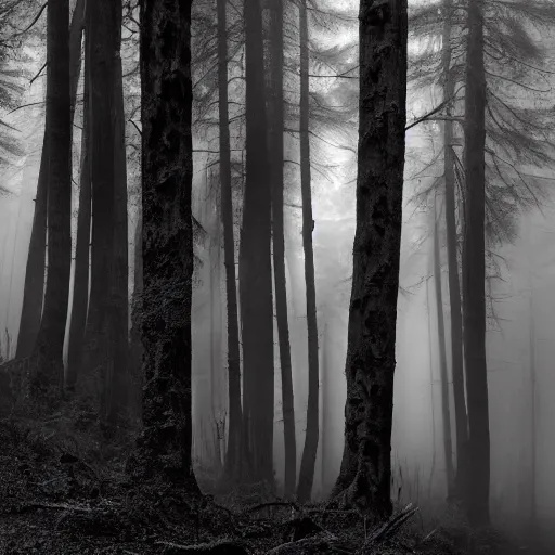 Image similar to i am looking for a horror image that includes a dark, foreboding forest with twisted, gnarled trees. there should be a foggy, ethereal quality to the image, and the light should be dim and eerie. i would like the image to include at least one figure, who should be shrouded in darkness.