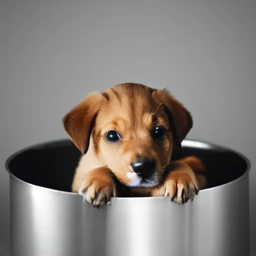 Prompt: puppy sitting in a small metal saucepan, photography, minimalistic, 8 k